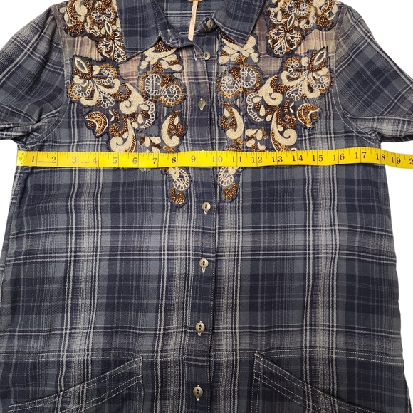 Free People Embellished Blue Plaid Buttondown Tunic Top S - Picture 13 of 16